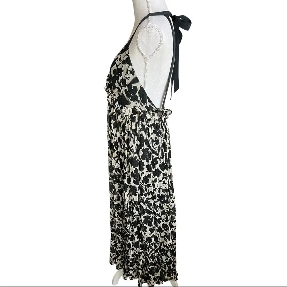 J.Crew collection chiffon ruffle trim maxi dress black & cream floral flowy 14